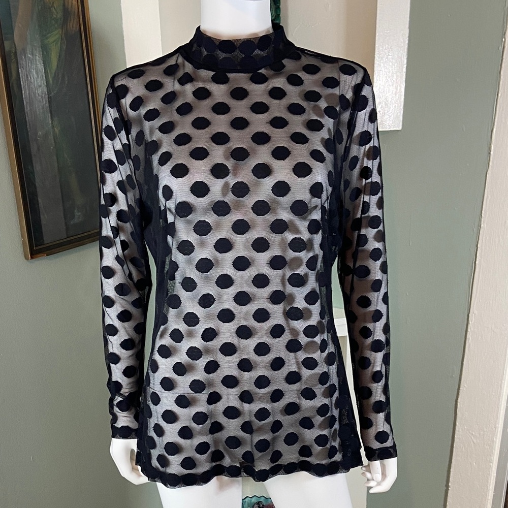 Lane Bryant mesh stretch Black Polka Dot Sheer Blouse 14/16 mock neck - Picture 3 of 13